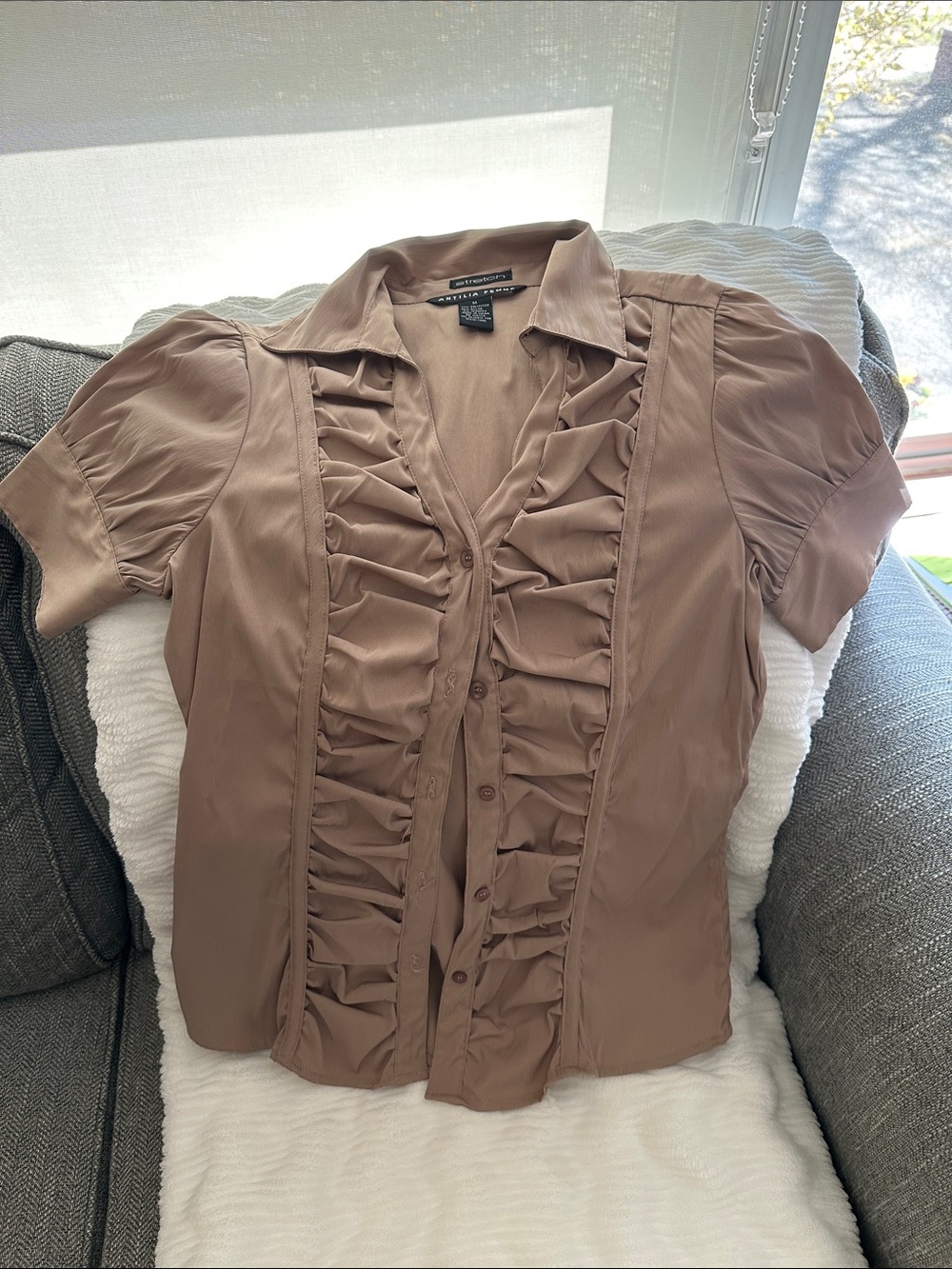 Antilia Femme Taupe Ruffle Button-Down Blouse